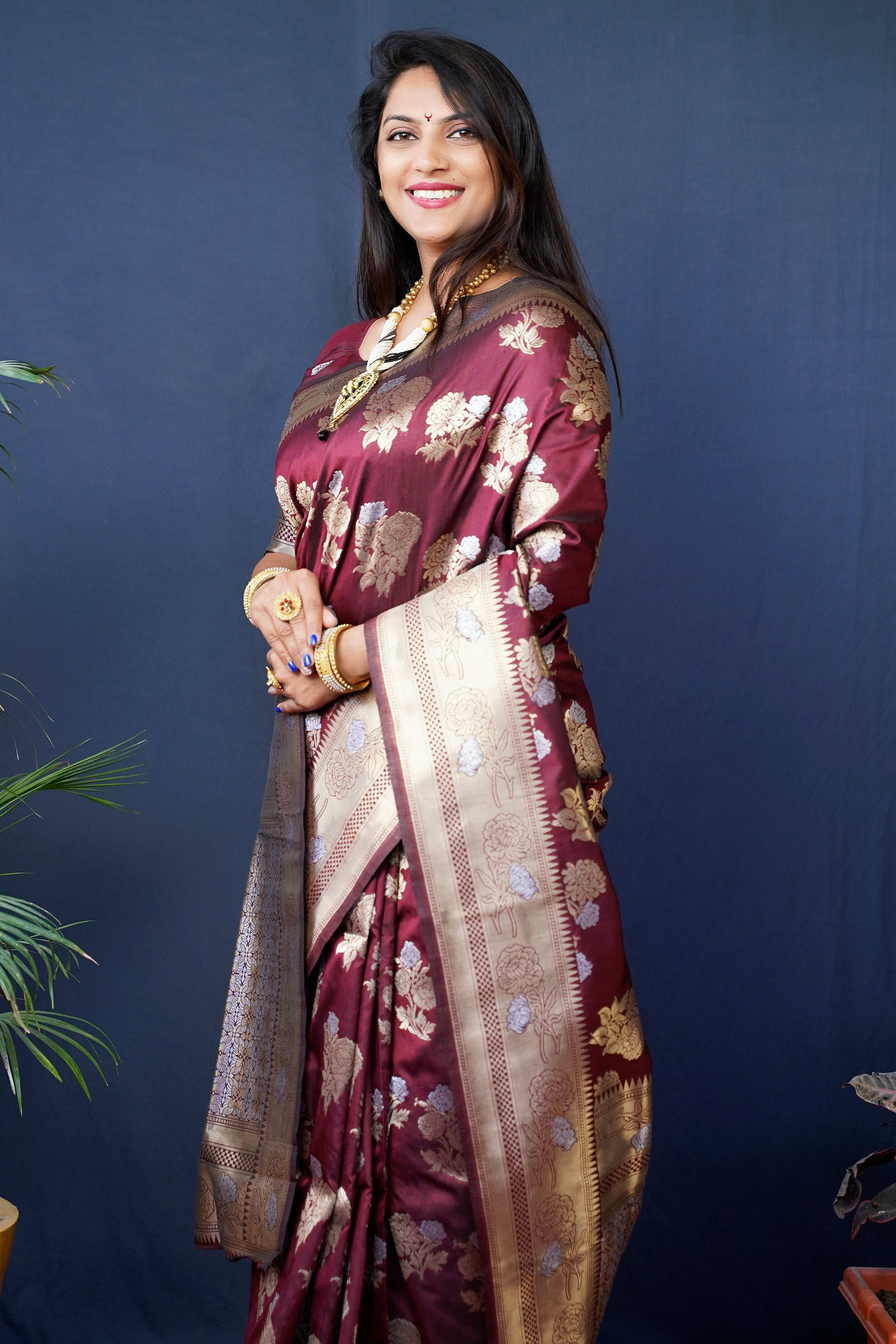 Jyoti Fashion Women's Maroon Handloom Banarasi Silk Zari Woven Saree with Blouse - Distacart
