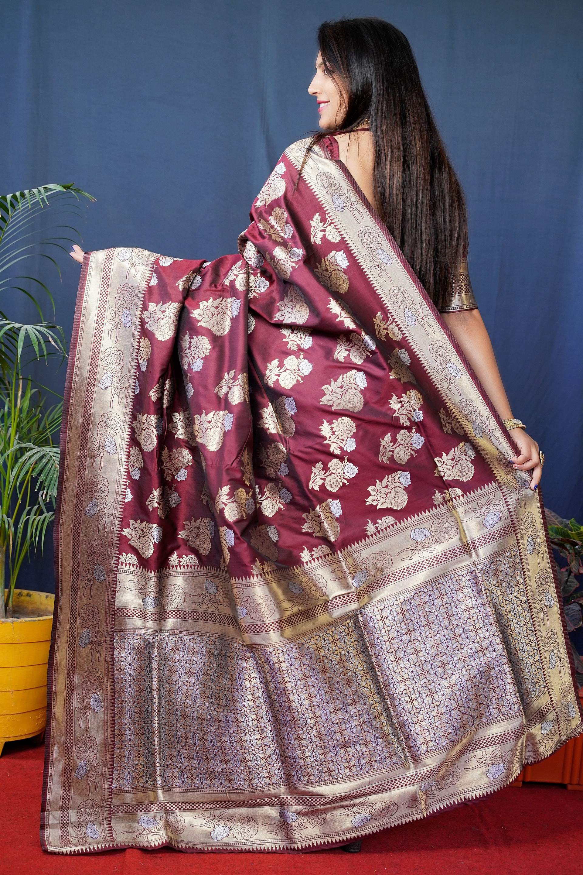 Jyoti Fashion Women's Maroon Handloom Banarasi Silk Zari Woven Saree with Blouse - Distacart