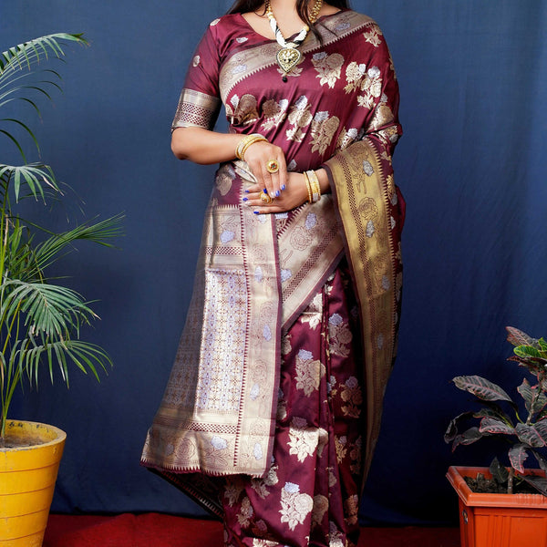 Jyoti Fashion Women's Maroon Handloom Banarasi Silk Zari Woven Saree with Blouse - Distacart