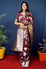 Thumbnail for Jyoti Fashion Women's Maroon Handloom Banarasi Silk Zari Woven Saree with Blouse - Distacart