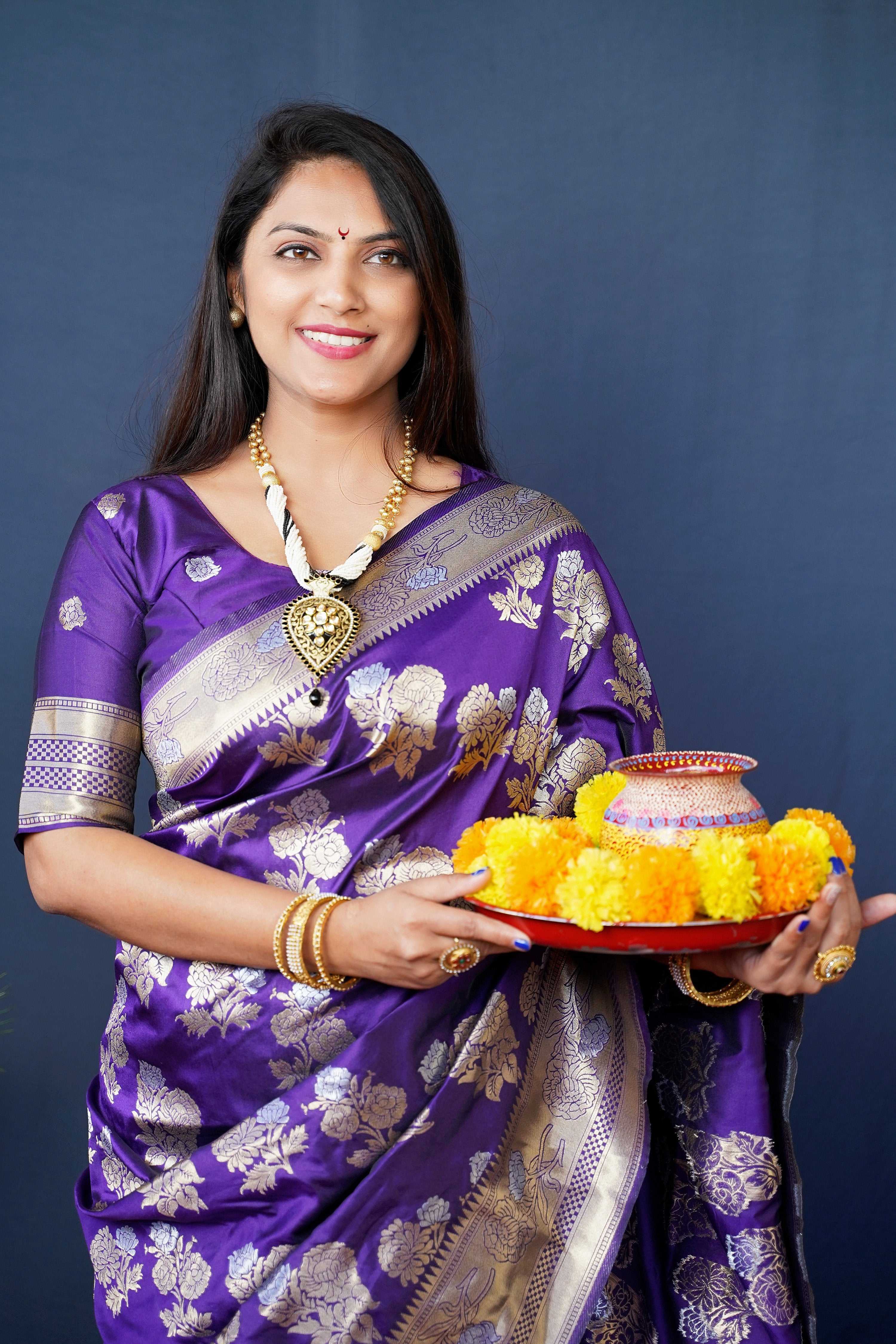 Jyoti Fashion Women's Purple Handloom Banarasi Silk Zari Woven Saree with Blouse - Distacart