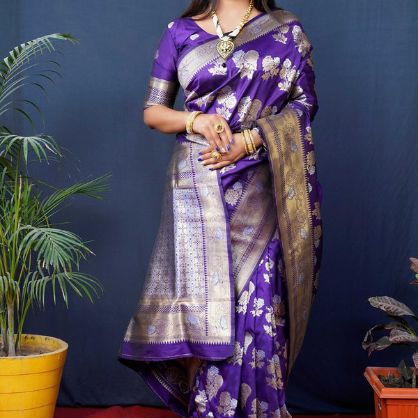 Jyoti Fashion Women's Purple Handloom Banarasi Silk Zari Woven Saree with Blouse - Distacart