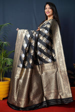 Thumbnail for Jyoti Fashion Women's Black Handloom Banarasi Silk Zari Woven Saree with Blouse - Distacart