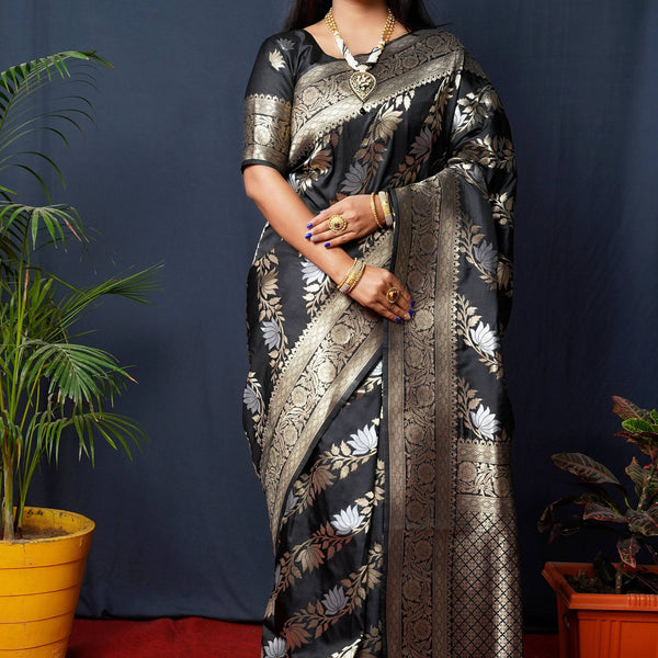 Jyoti Fashion Women's Black Handloom Banarasi Silk Zari Woven Saree with Blouse - Distacart