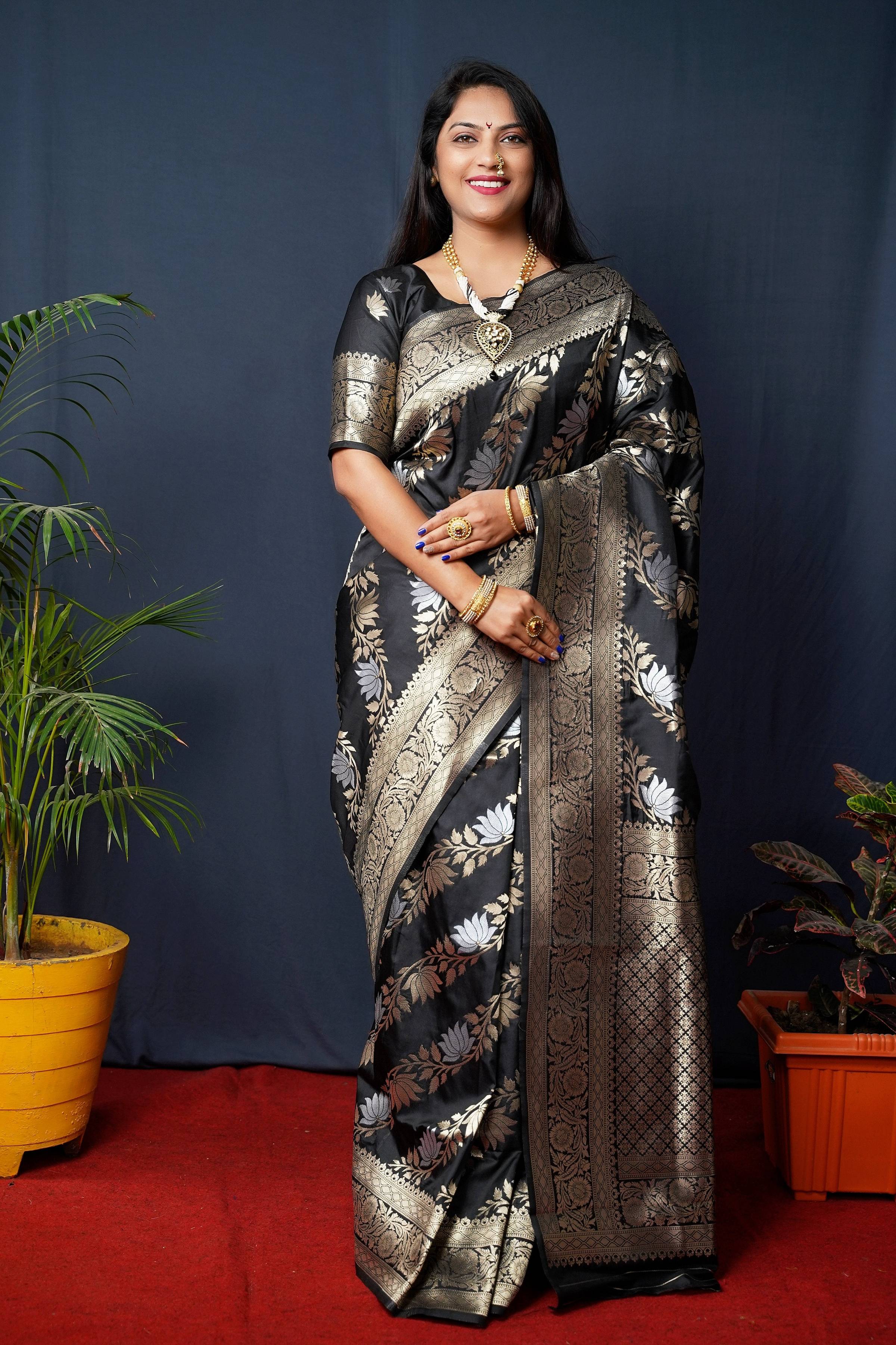 Jyoti Fashion Women's Black Handloom Banarasi Silk Zari Woven Saree with Blouse - Distacart