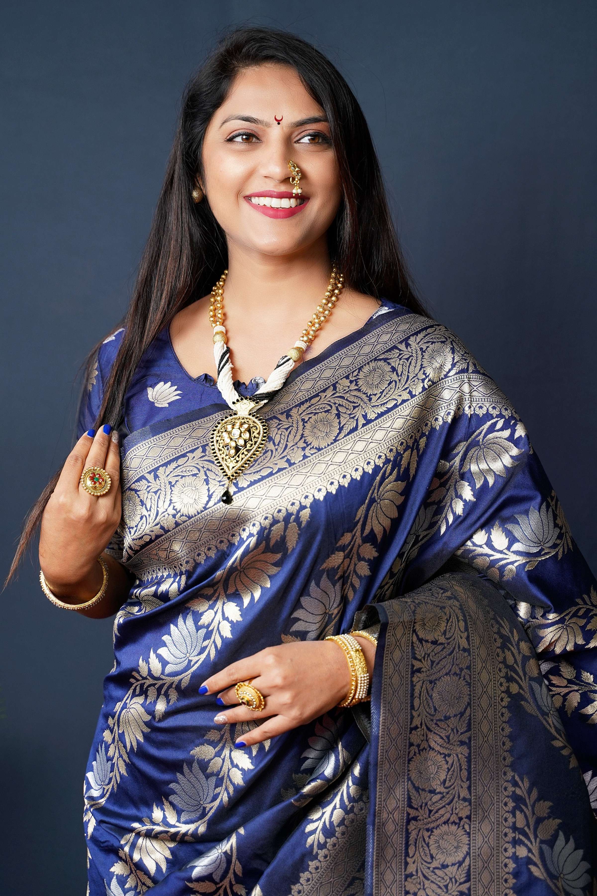 Jyoti Fashion Women's Navy Blue Handloom Banarasi Silk Zari Woven Saree with Blouse - Distacart