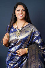 Thumbnail for Jyoti Fashion Women's Navy Blue Handloom Banarasi Silk Zari Woven Saree with Blouse - Distacart