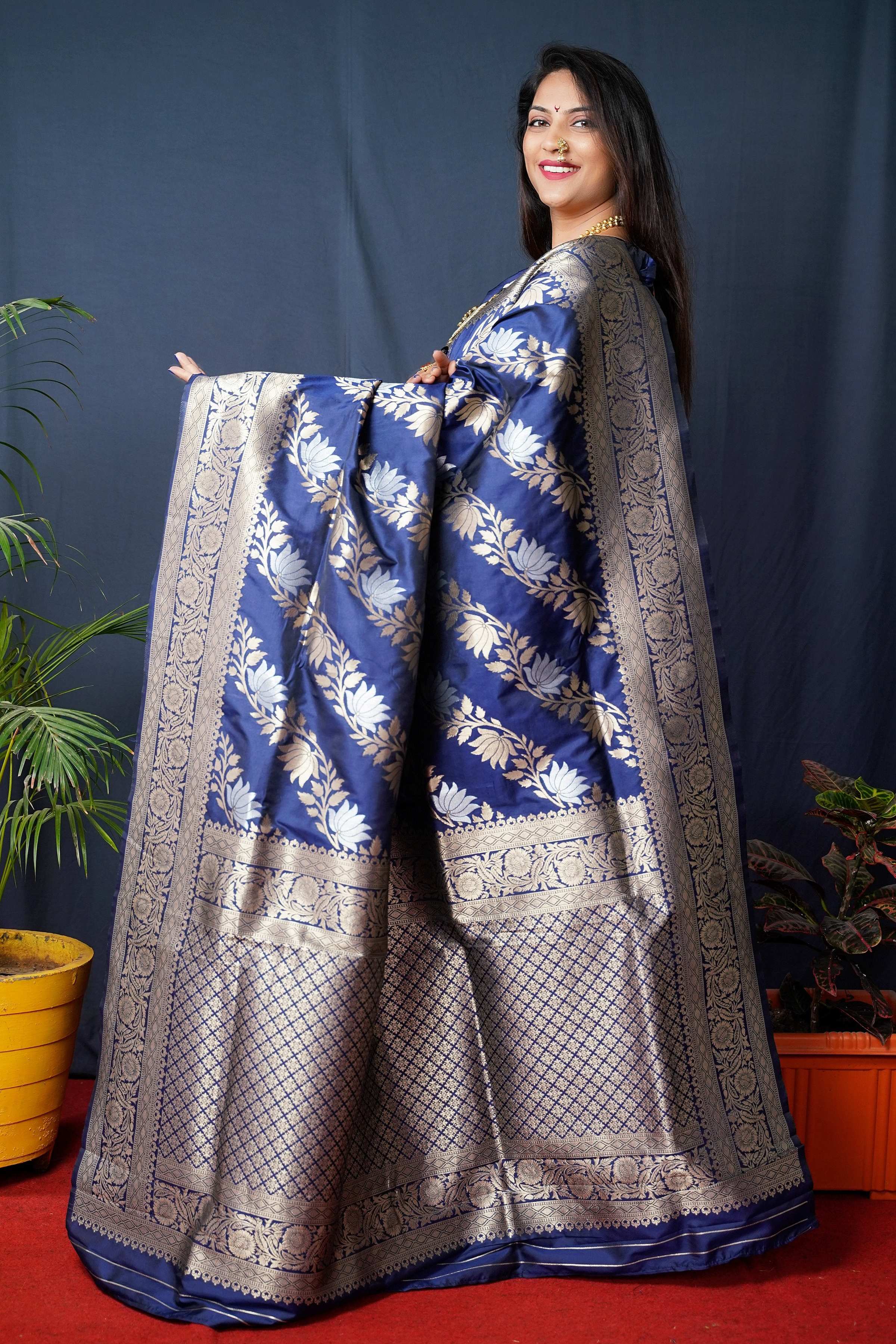 Jyoti Fashion Women's Navy Blue Handloom Banarasi Silk Zari Woven Saree with Blouse - Distacart