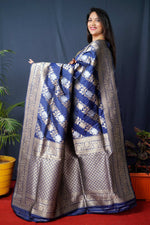 Thumbnail for Jyoti Fashion Women's Navy Blue Handloom Banarasi Silk Zari Woven Saree with Blouse - Distacart