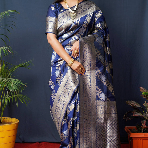 Jyoti Fashion Women's Navy Blue Handloom Banarasi Silk Zari Woven Saree with Blouse - Distacart