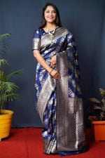Thumbnail for Jyoti Fashion Women's Navy Blue Handloom Banarasi Silk Zari Woven Saree with Blouse - Distacart