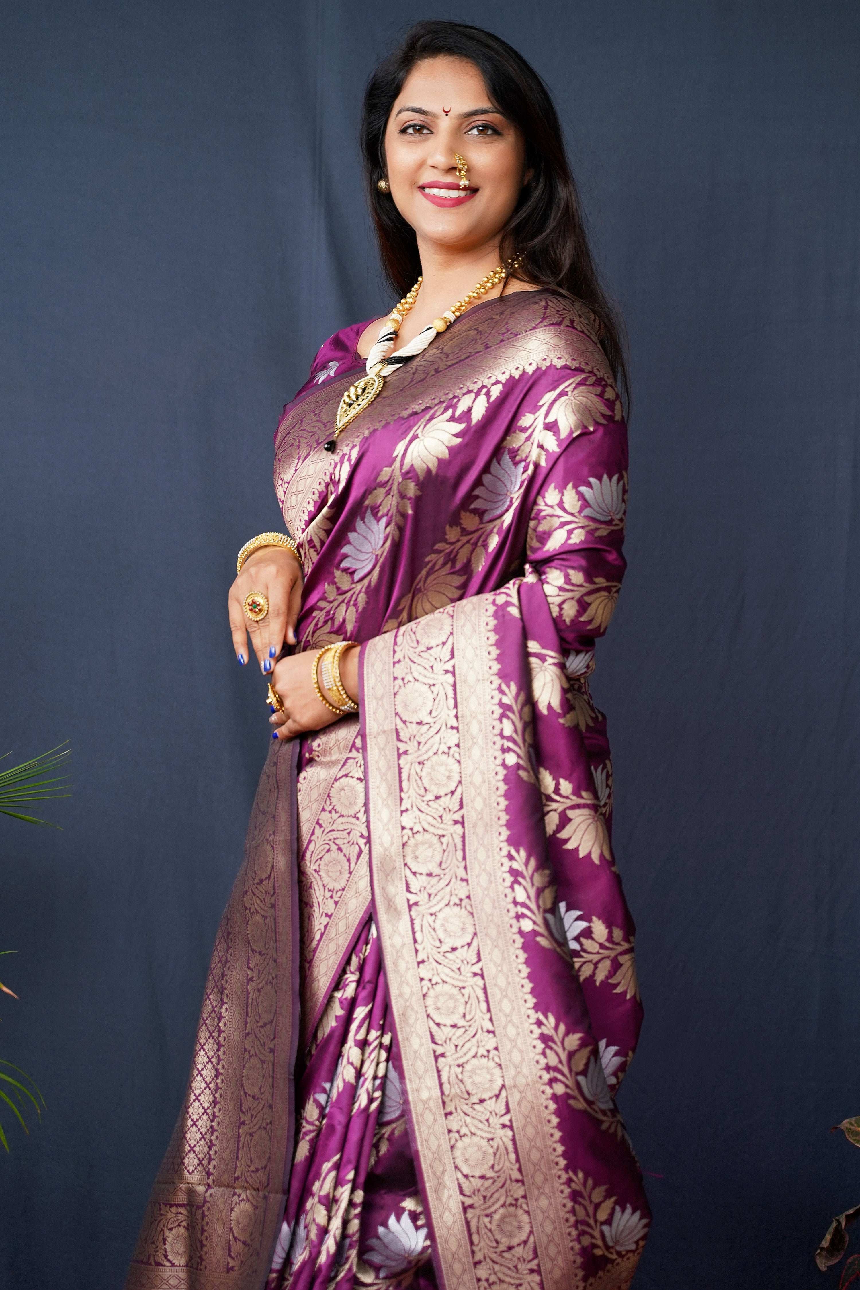 Jyoti Fashion Women's Wine Handloom Banarasi Silk Zari Woven Saree with Blouse - Distacart