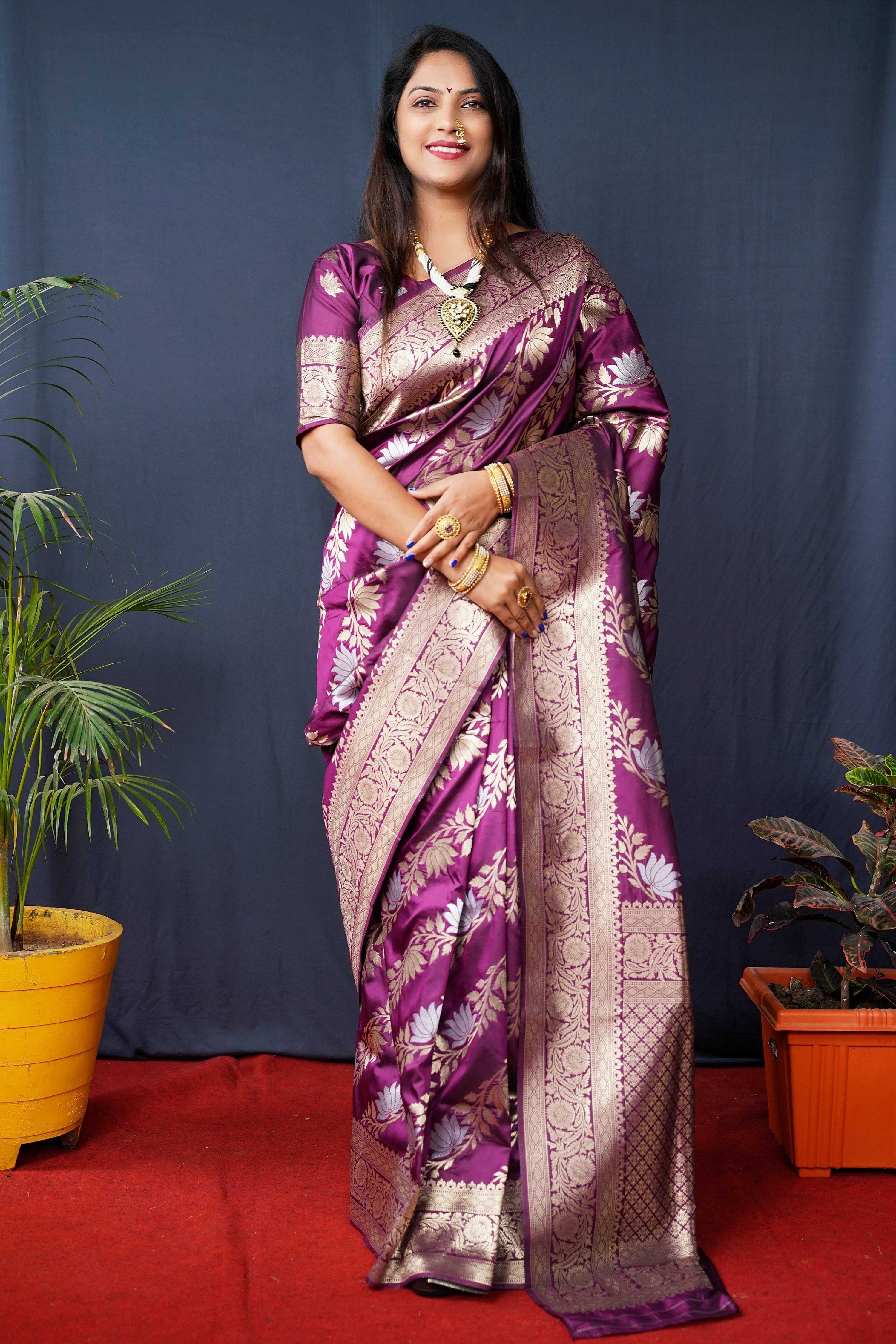 Jyoti Fashion Women's Wine Handloom Banarasi Silk Zari Woven Saree with Blouse - Distacart