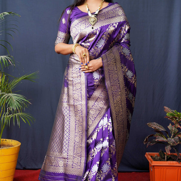 Jyoti Fashion Women's Purple Handloom Banarasi Silk Zari Woven Saree with Blouse - Distacart