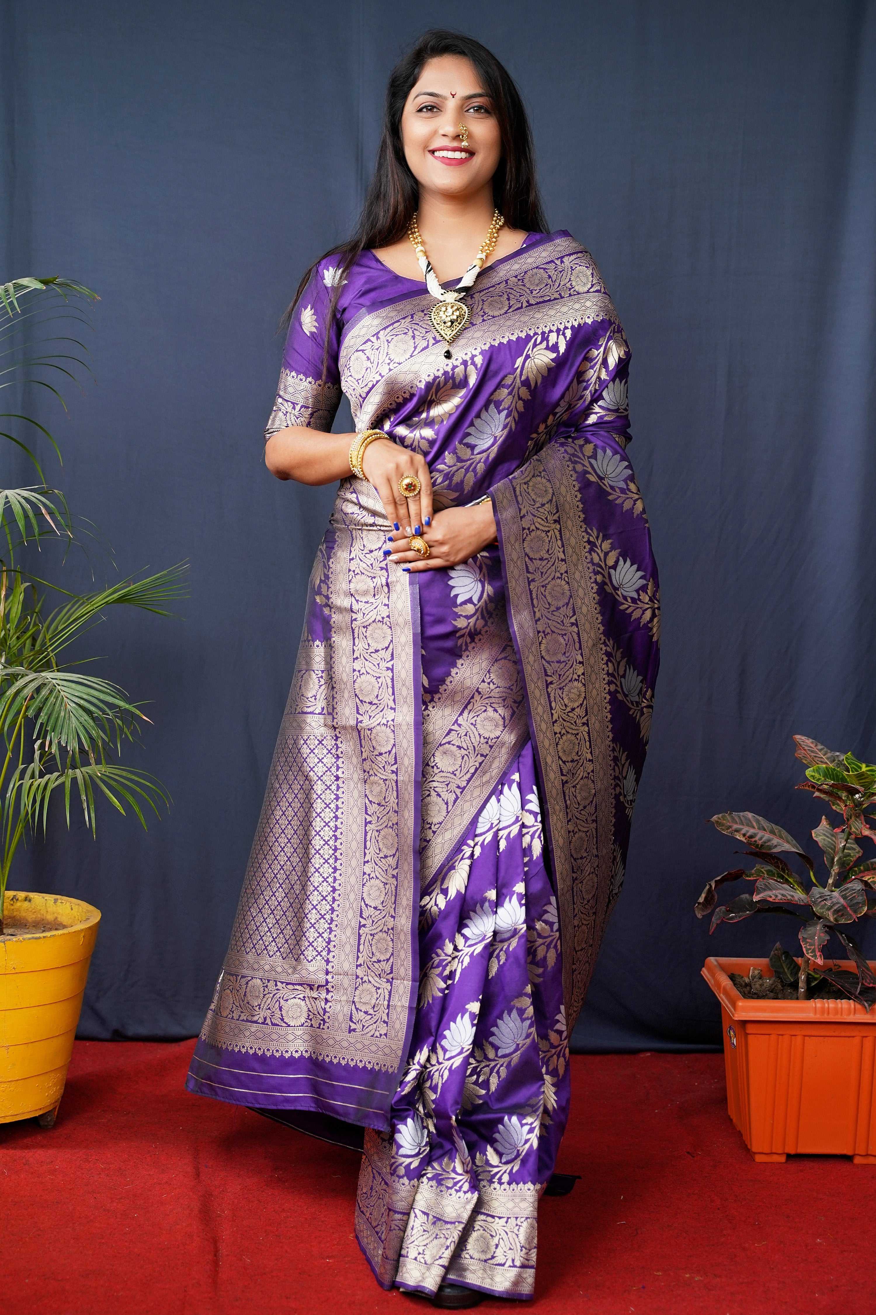 Jyoti Fashion Women's Purple Handloom Banarasi Silk Zari Woven Saree with Blouse - Distacart