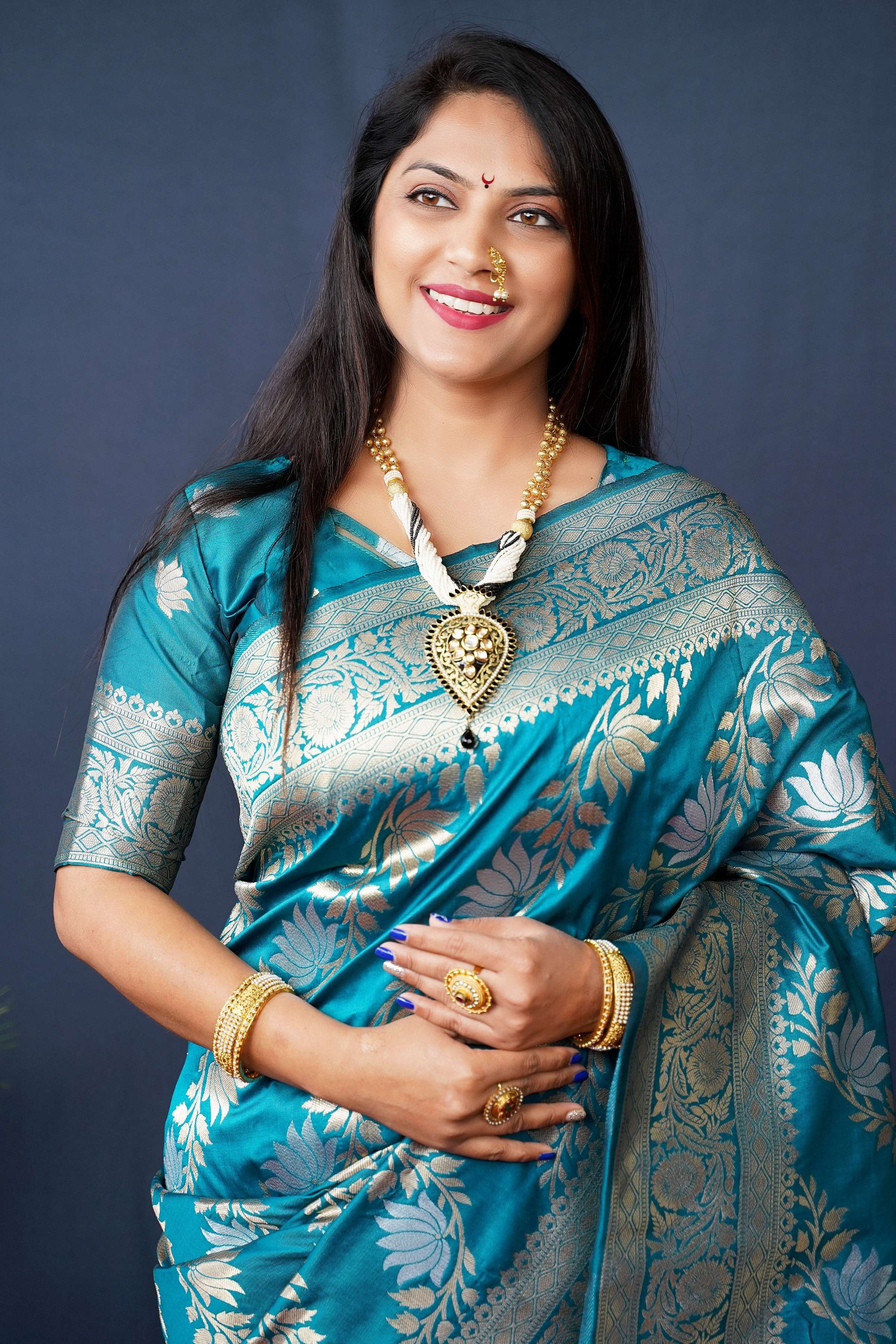 Jyoti Fashion Women's Teal Handloom Banarasi Silk Zari Woven Saree with Blouse - Distacart