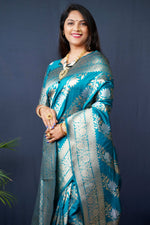 Thumbnail for Jyoti Fashion Women's Teal Handloom Banarasi Silk Zari Woven Saree with Blouse - Distacart
