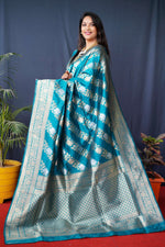 Thumbnail for Jyoti Fashion Women's Teal Handloom Banarasi Silk Zari Woven Saree with Blouse - Distacart