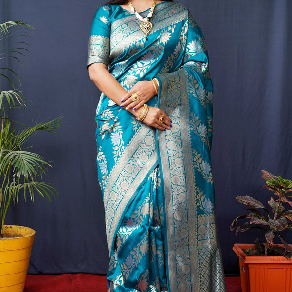 Jyoti Fashion Women's Teal Handloom Banarasi Silk Zari Woven Saree with Blouse - Distacart