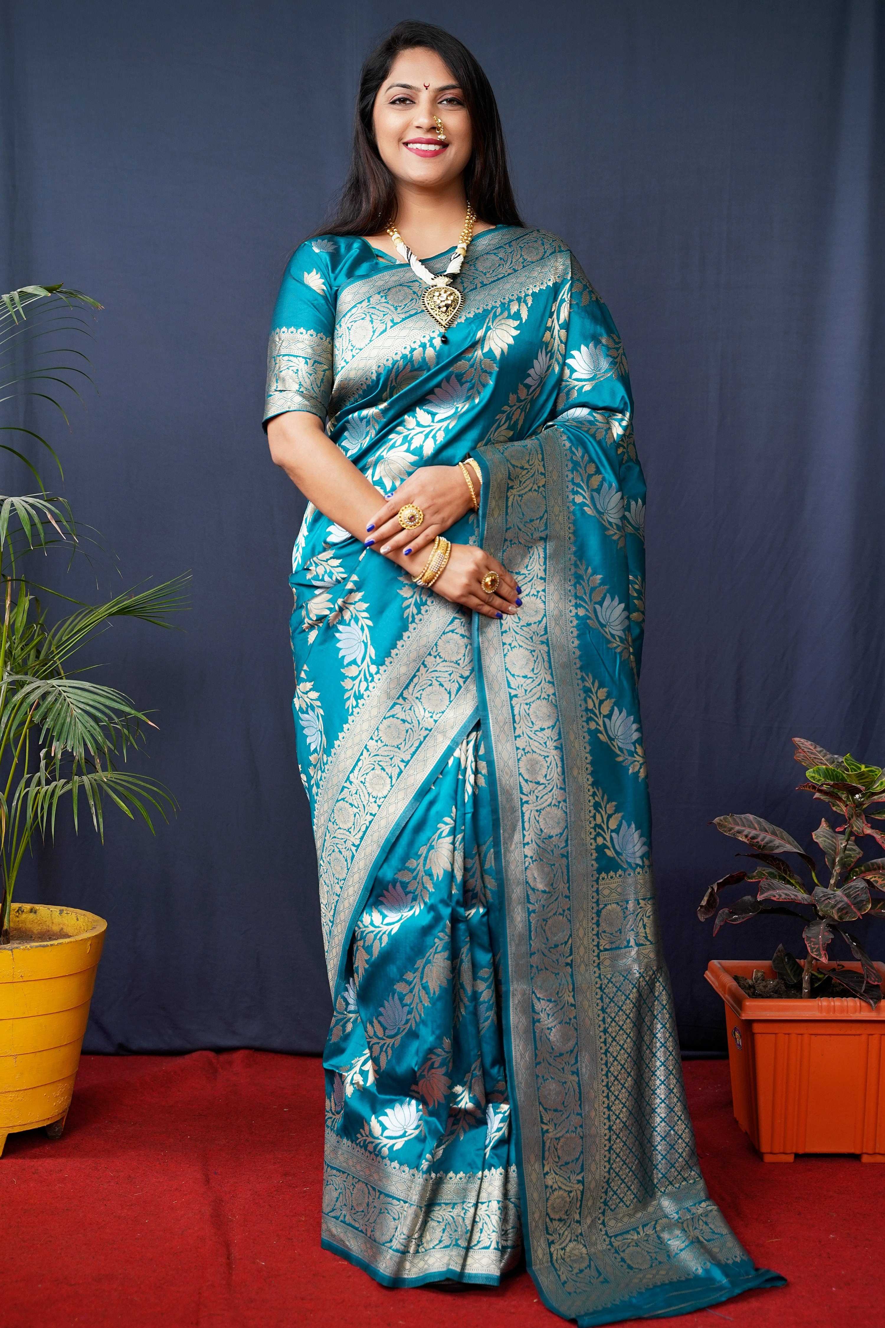 Jyoti Fashion Women's Teal Handloom Banarasi Silk Zari Woven Saree with Blouse - Distacart