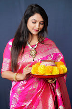Thumbnail for Jyoti Fashion Women's Pink Handloom Banarasi Silk Zari Woven Saree with Blouse - Distacart