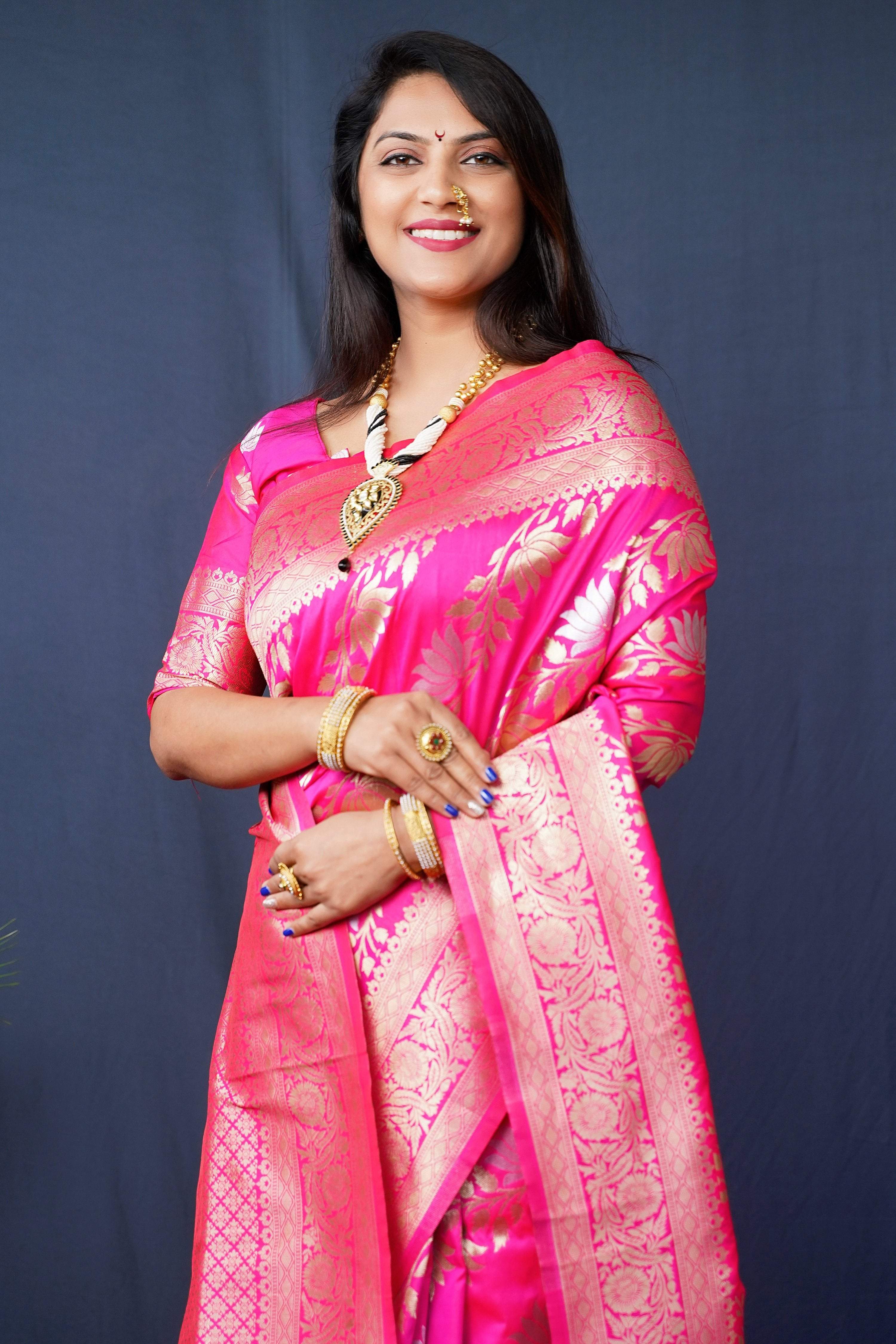 Jyoti Fashion Women's Pink Handloom Banarasi Silk Zari Woven Saree with Blouse - Distacart