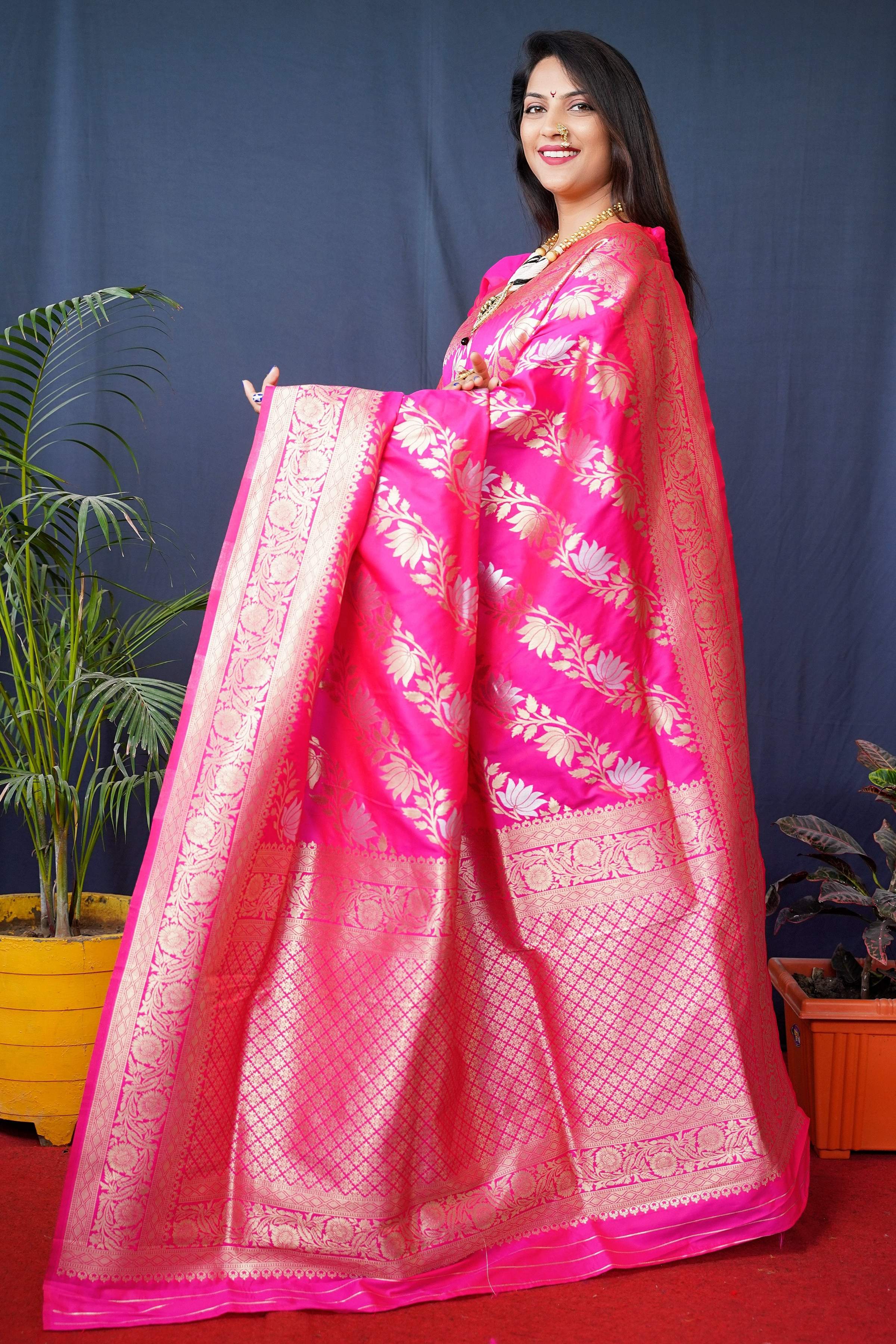Jyoti Fashion Women's Pink Handloom Banarasi Silk Zari Woven Saree with Blouse - Distacart