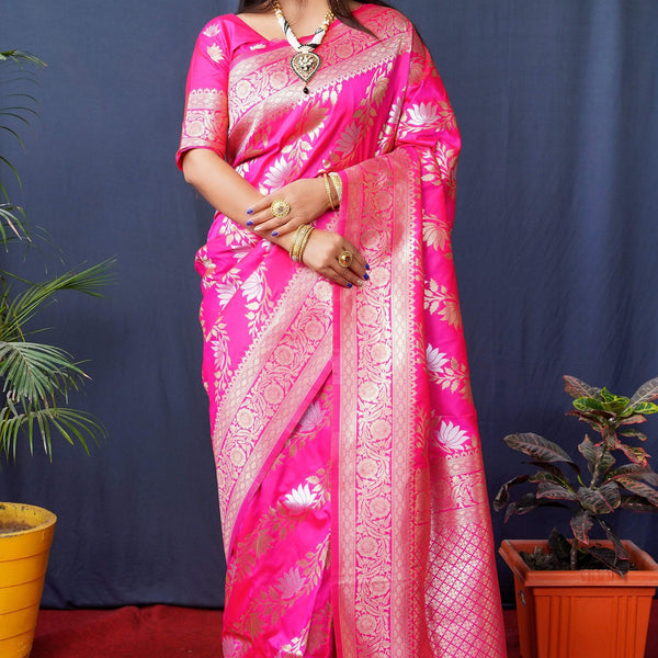 Jyoti Fashion Women's Pink Handloom Banarasi Silk Zari Woven Saree with Blouse - Distacart