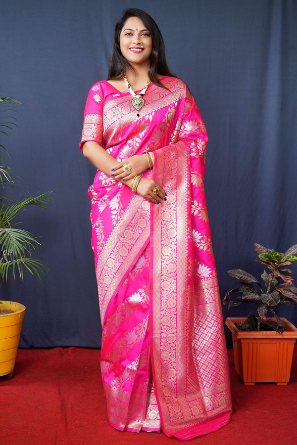 Jyoti Fashion Women's Pink Handloom Banarasi Silk Zari Woven Saree with Blouse - Distacart
