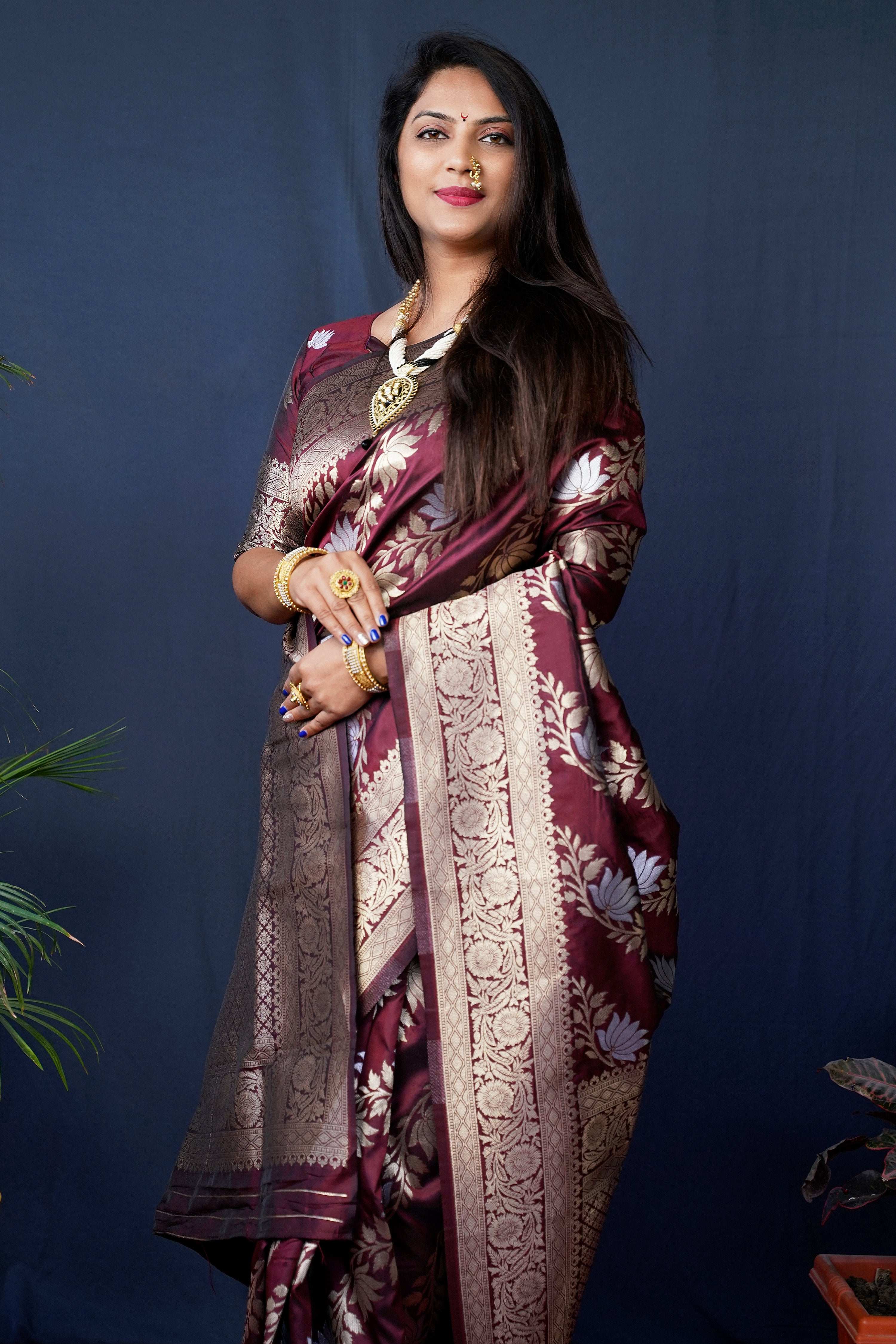 Jyoti Fashion Women's Maroon Handloom Banarasi Silk Zari Woven Saree with Blouse - Distacart