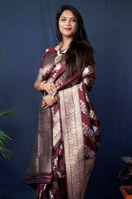Thumbnail for Jyoti Fashion Women's Maroon Handloom Banarasi Silk Zari Woven Saree with Blouse - Distacart