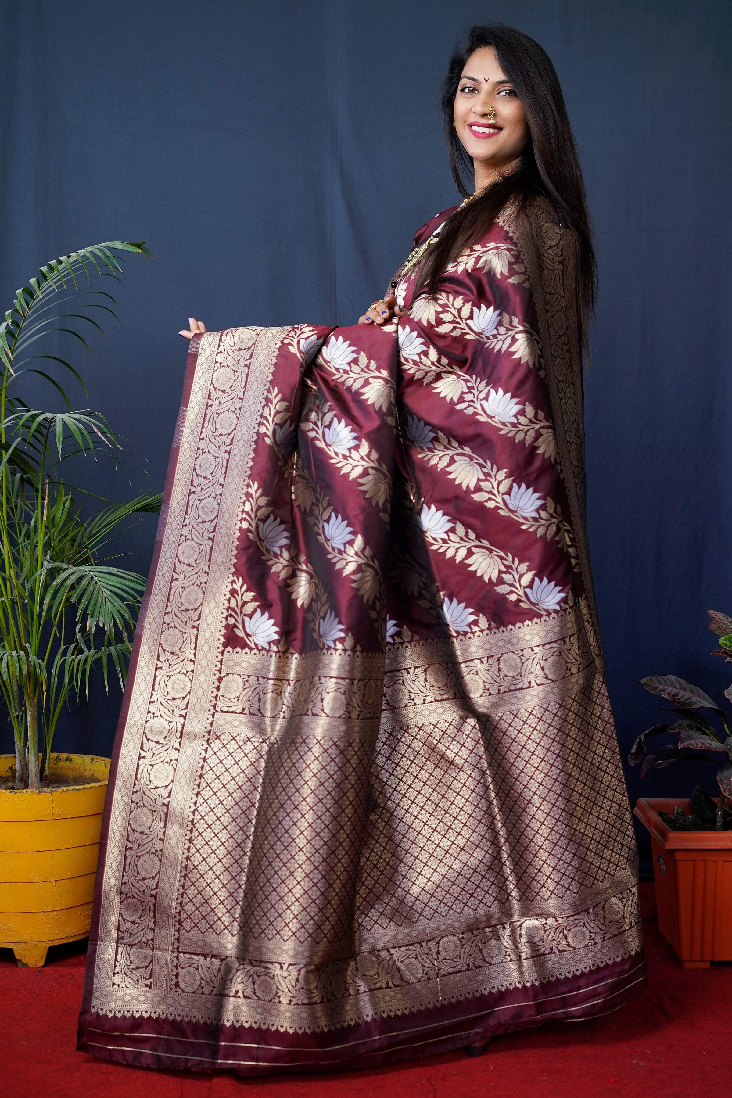 Jyoti Fashion Women's Maroon Handloom Banarasi Silk Zari Woven Saree with Blouse - Distacart