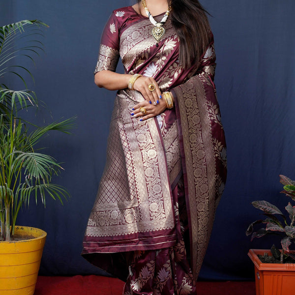 Jyoti Fashion Women's Maroon Handloom Banarasi Silk Zari Woven Saree with Blouse - Distacart