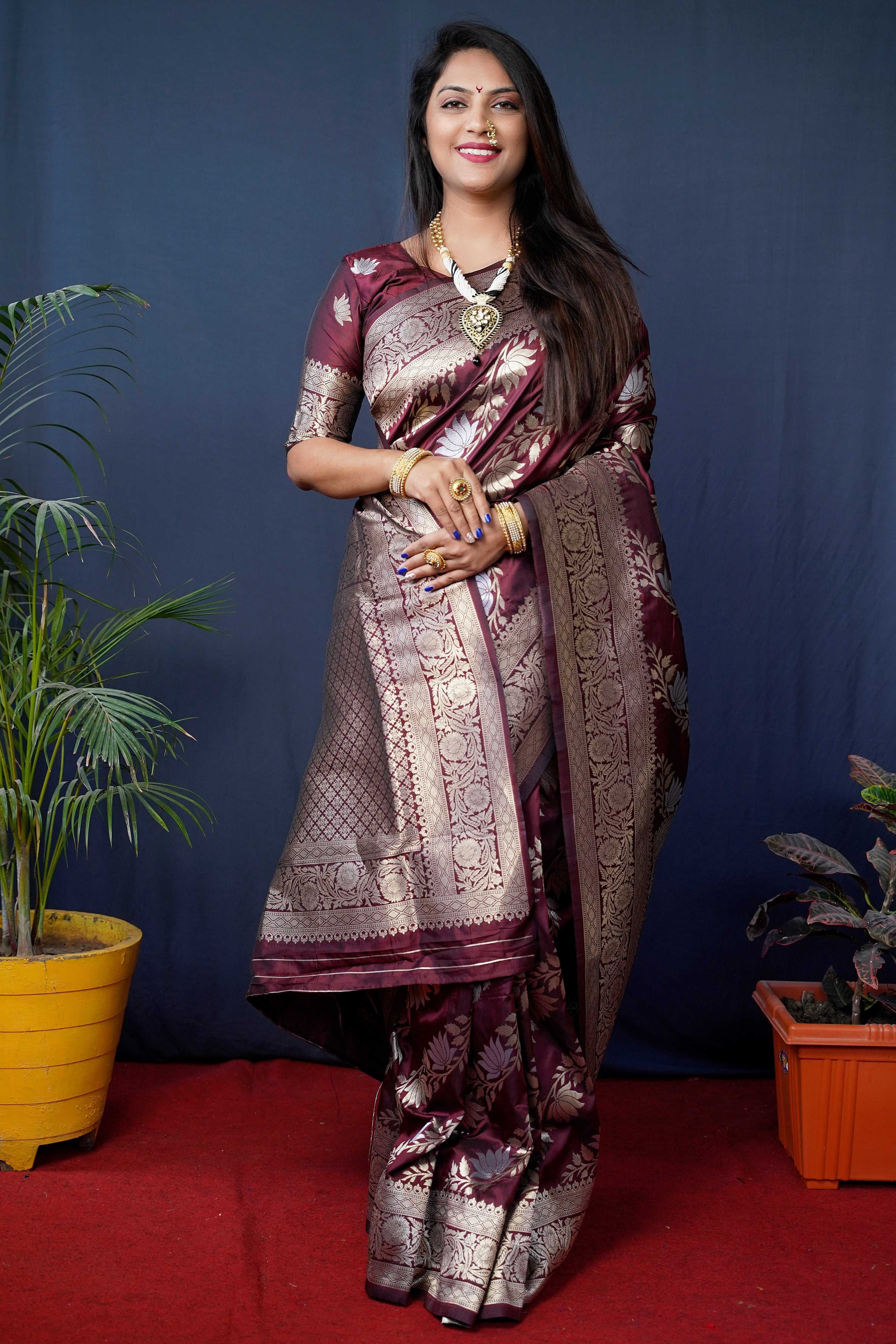 Jyoti Fashion Women's Maroon Handloom Banarasi Silk Zari Woven Saree with Blouse - Distacart
