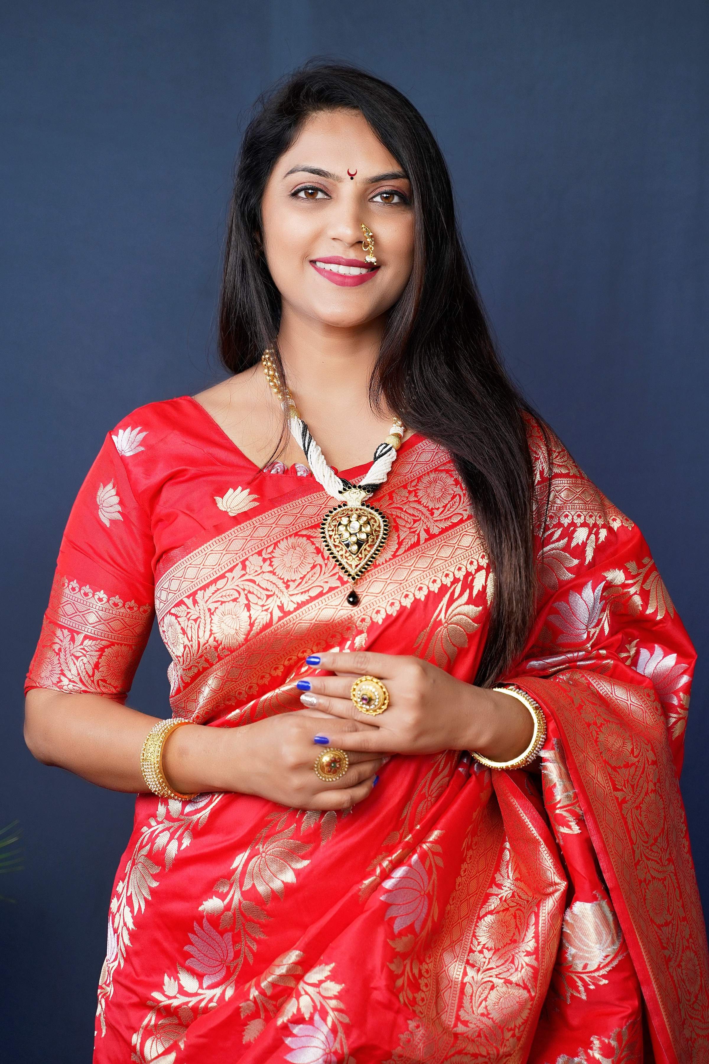 Jyoti Fashion Women's Red Handloom Banarasi Silk Zari Woven Saree with Blouse - Distacart