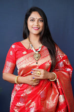 Thumbnail for Jyoti Fashion Women's Red Handloom Banarasi Silk Zari Woven Saree with Blouse - Distacart