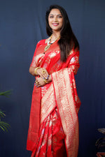 Thumbnail for Jyoti Fashion Women's Red Handloom Banarasi Silk Zari Woven Saree with Blouse - Distacart
