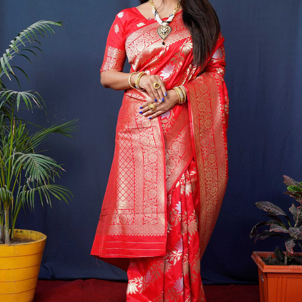 Jyoti Fashion Women's Red Handloom Banarasi Silk Zari Woven Saree with Blouse - Distacart