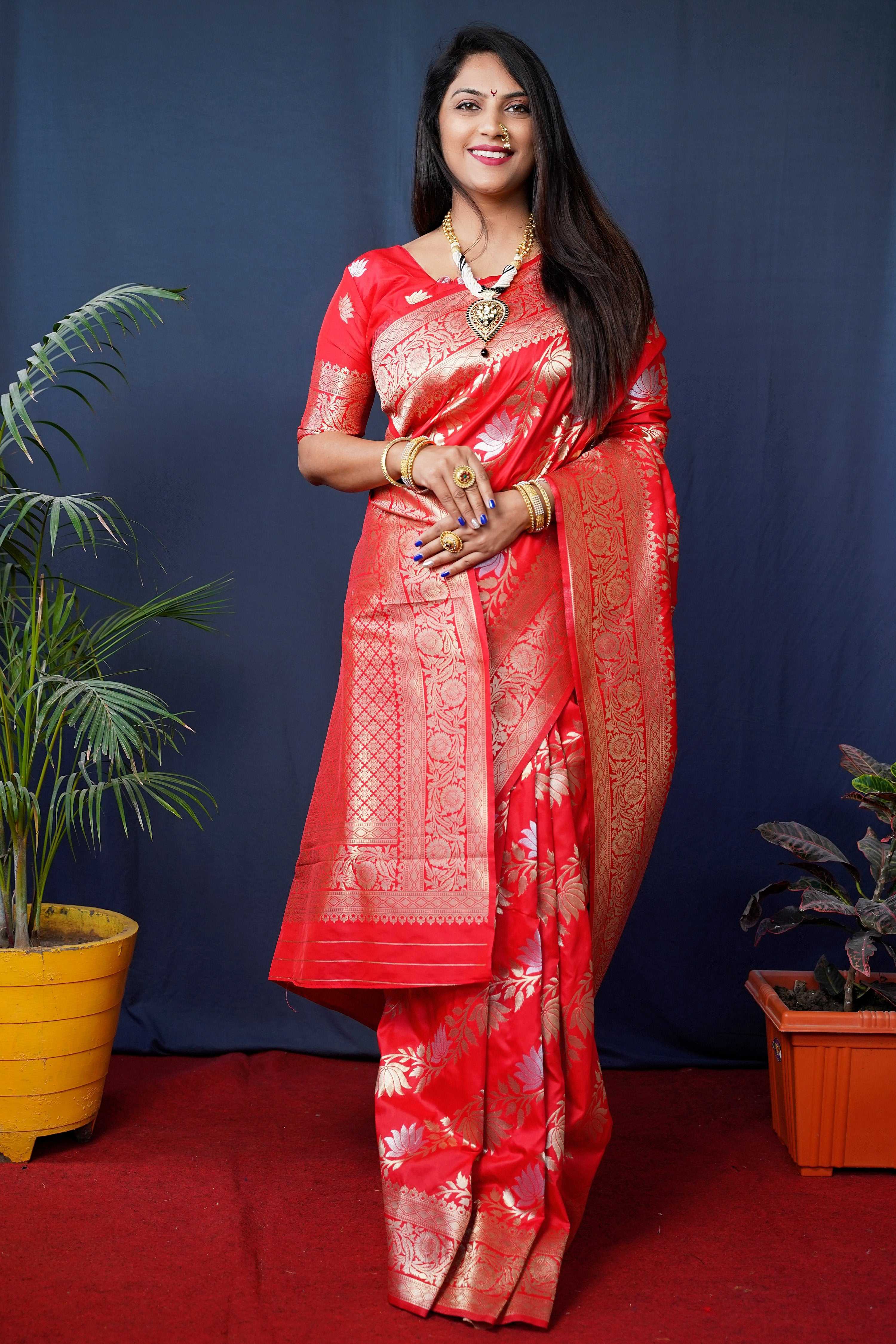 Jyoti Fashion Women's Red Handloom Banarasi Silk Zari Woven Saree with Blouse - Distacart