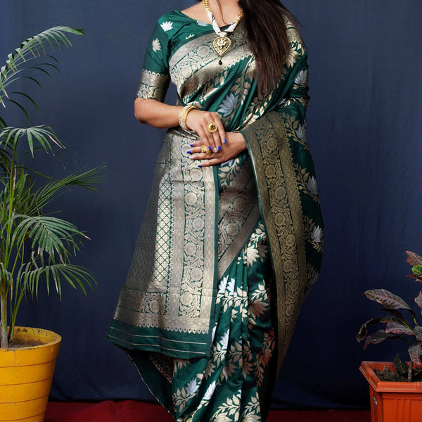 Jyoti Fashion Women's Green Handloom Banarasi Silk Zari Woven Saree with Blouse - Distacart