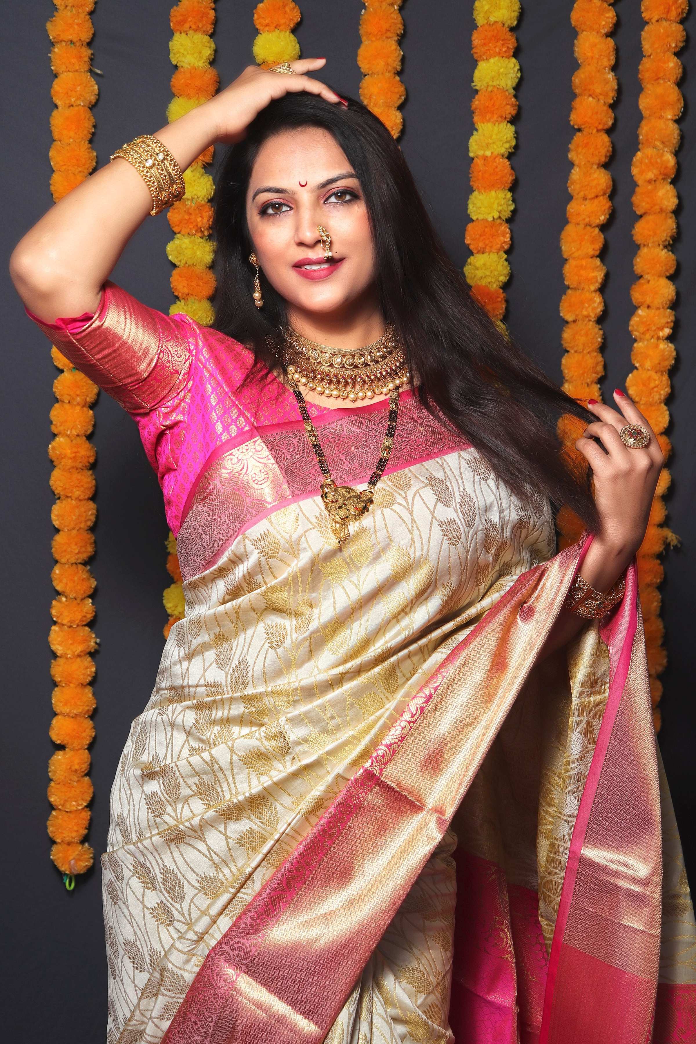 Jyoti Fashion Women's Off White Kanchipuram Silk Zari Woven Saree with Blouse - Distacart