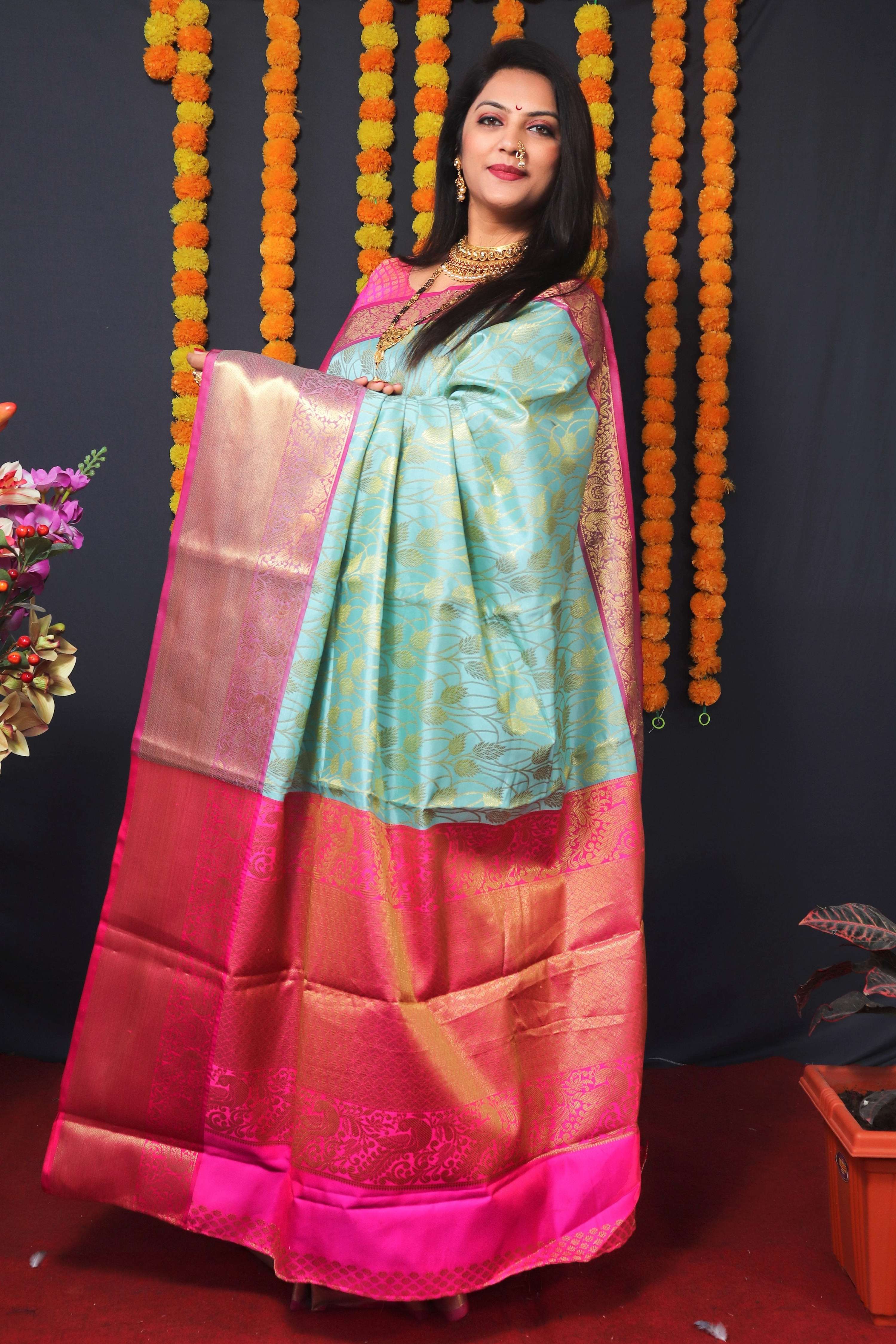 Jyoti Fashion Women's Sky Blue Kanchipuram Silk Zari Woven Saree with Blouse - Distacart