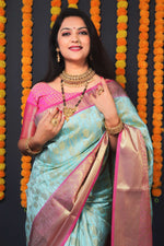 Thumbnail for Jyoti Fashion Women's Sky Blue Kanchipuram Silk Zari Woven Saree with Blouse - Distacart