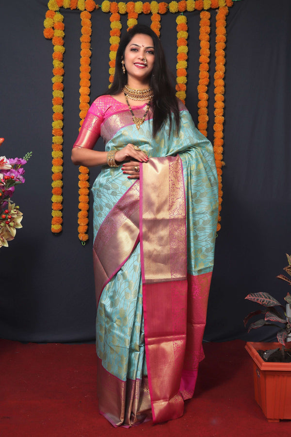 Jyoti Fashion Women's Sky Blue Kanchipuram Silk Zari Woven Saree with Blouse - Distacart