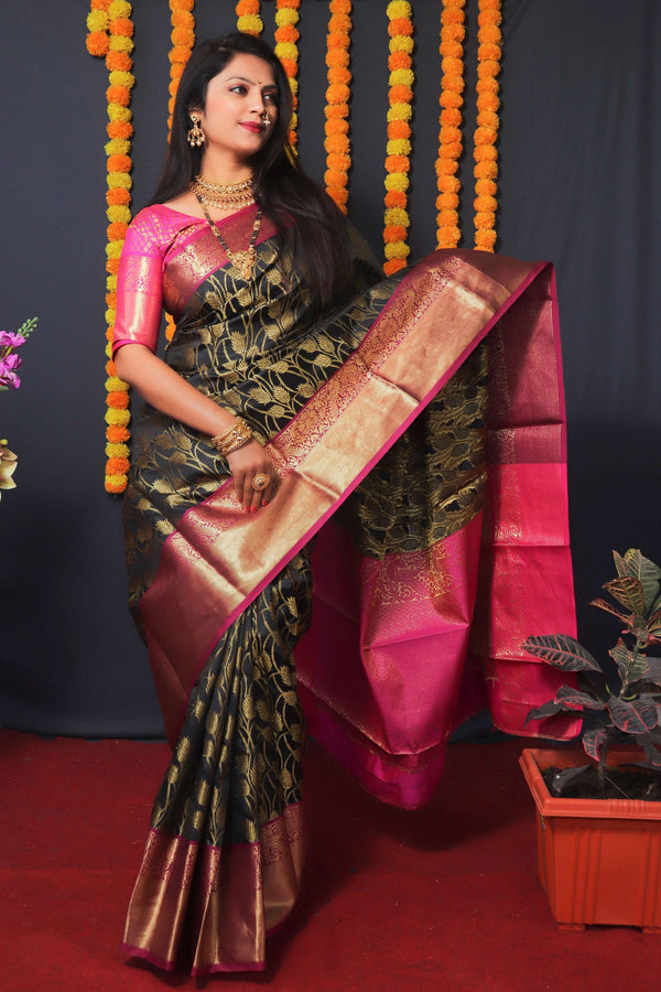Jyoti Fashion Women's Black Kanchipuram Silk Zari Woven Saree with Blouse - Distacart