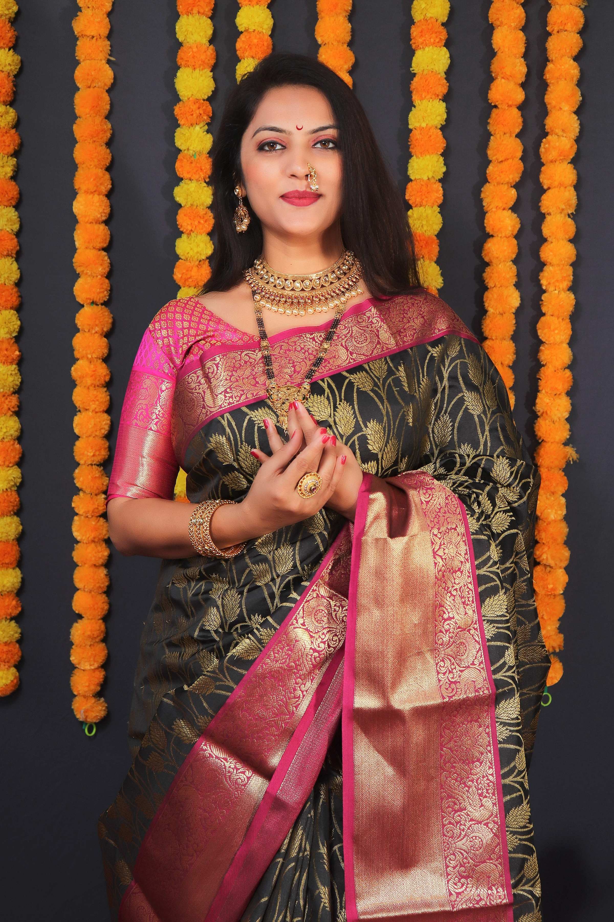 Jyoti Fashion Women's Black Kanchipuram Silk Zari Woven Saree with Blouse - Distacart