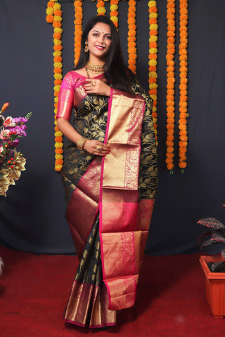 Jyoti Fashion Women's Black Kanchipuram Silk Zari Woven Saree with Blouse - Distacart