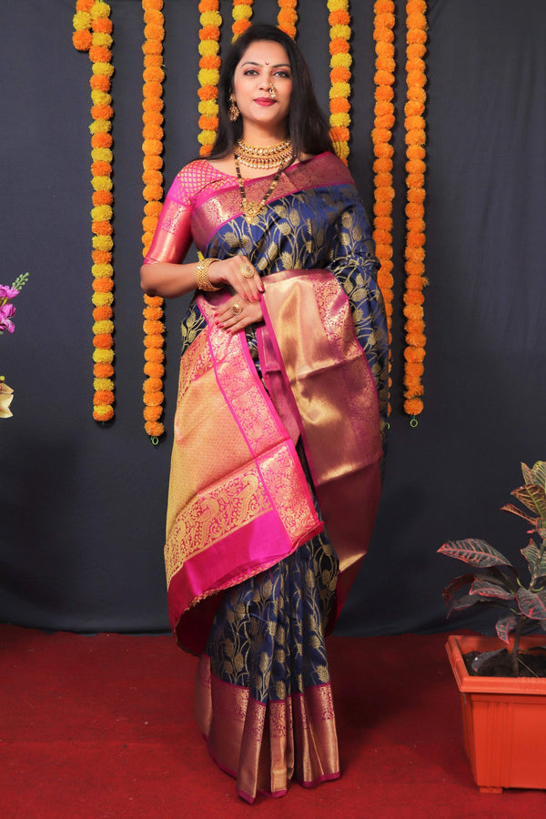 Jyoti Fashion Women's Navy Blue Kanchipuram Silk Zari Woven Saree with Blouse - Distacart