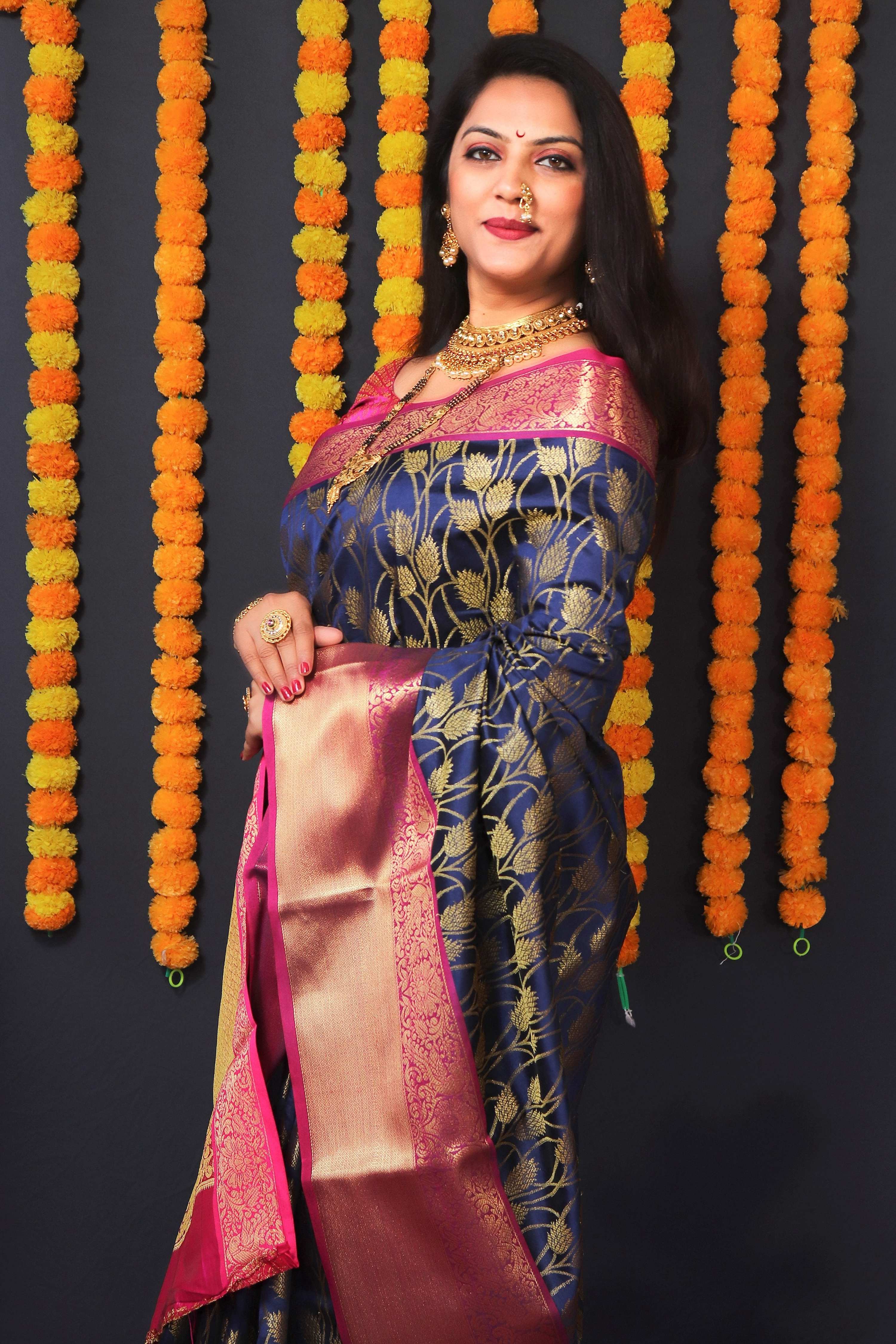 Jyoti Fashion Women's Navy Blue Kanchipuram Silk Zari Woven Saree with Blouse - Distacart