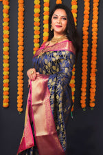 Thumbnail for Jyoti Fashion Women's Navy Blue Kanchipuram Silk Zari Woven Saree with Blouse - Distacart